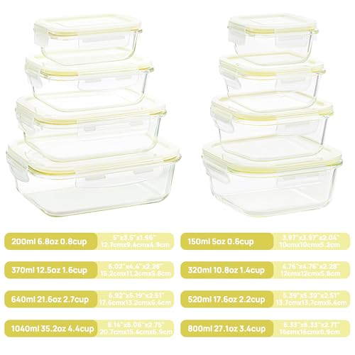 Vtopmart 8 Pack Glass Food Storage Containers with Airtight Lids, Glass Meal Prep Containers, Lunch Office Meal for Microwave, Oven, Freezer and Dishwasher, BPA Free - color: Yellow