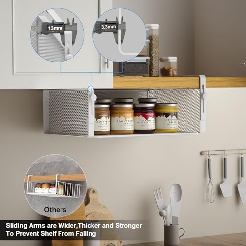 AmonHouseware 2Pack Under Shelf Basket Organizer,Adjustable Hanging Holder for Cabinet Pantry Kitchen Cupboard Desk Counter Bookshelf Organization Add-on Space Saver Heavy Duty Slide-in (White, Large) - color: White