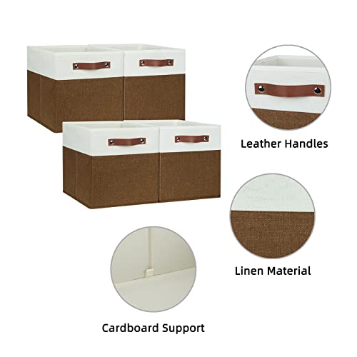 HNZIGE Fabric Cubes Storage Bins Set of 4,11 x 11 Clothes Storage Cube Baskets,Cube Organizing Bins for Shelves with Handles,Canvas Baskets for Organizing Home(Brown White) - color: Brown White, size: 11"x11"x11"-4pack