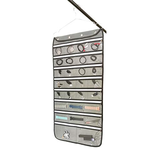 Dual Sided Hanging Jewelry Organizer with Hanger for Closet Necklace Earrings Bracelet Ring Travel Holder (56 Zippered Clear Pockets Grey)