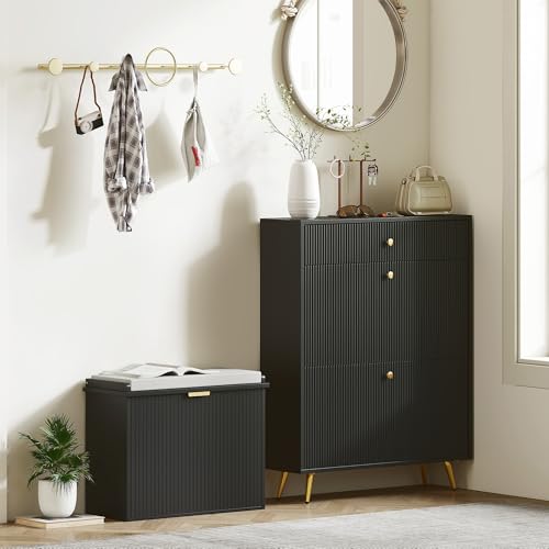 HOMCOM Narrow Shoe Bench with Padded Seat Cushion and Flip-Drawer, Small Entryway Bench Holds up to 265lb, Shoe Cabinet, 24.4x10.2x18.7 Inches, Black - color: Black, size: 24.4" x 10.2" x 18.7"