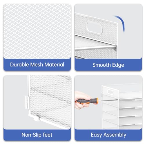 7 Tier Paper Organizer - Mesh Desktop File Holder with Handles for Office School Desk, Black (White) - color: White