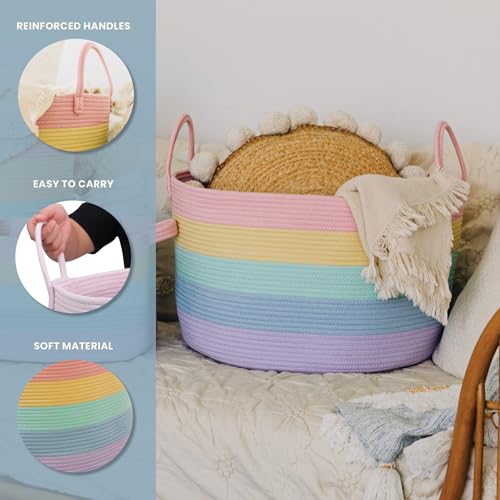 OrganiHaus Rainbow Blanket Basket for Classroom & Nursery, Extra Large Woven Laundry Basket w/Handles, Kids Toy Organizer & Storage, Soft Round Dog Toy Storage Bin, Cute Bin - 20"x13" in - color: Rainbow Pastel, size: Wide