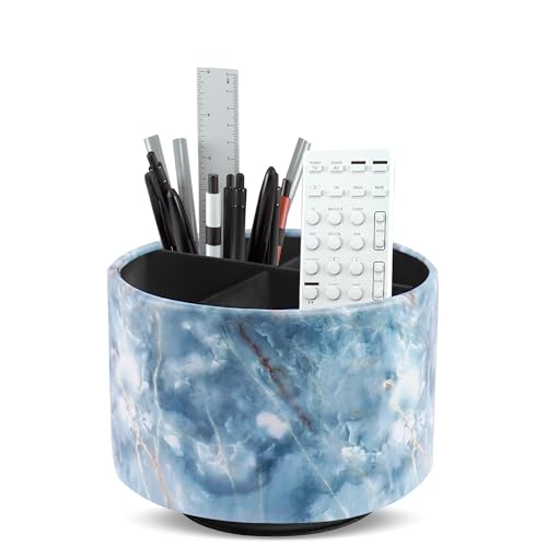 Round Leather Art Supply Organizer,Remote Control Holder,360-degree Rotating Pen Organizer with 4 Compartments(1-Marble Jade) - color: 1-Marble Jade