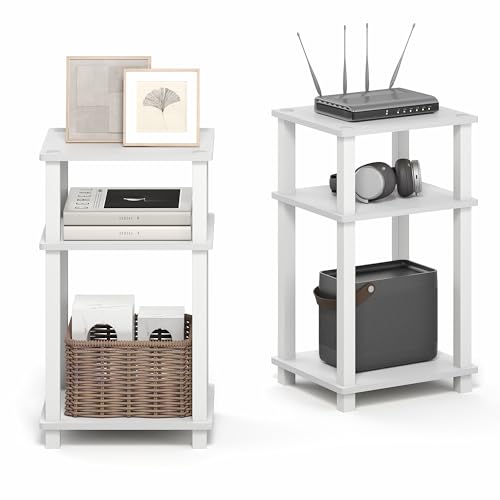 Furinno JUST Side Table Set of 2, 3-Tier Open Shelf Modern End Table, Toolless Assembly Night Stand, Bedside Table with Square Tube, for Living Room, Bedroom, White - color: White/White, size: 3-Tier, Square Pole, style: 2-Pack