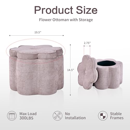 Small Pink Storage Ottoman, Flower Shape Chenille Ottoman Pouf, 19.5''x19.5''x14.5''H Seating Foot Rest, Holds 300 LBS, Pink Pouf Ottoman for Bedroom Living Room Entryway Home Decor - color: Sandy Pink