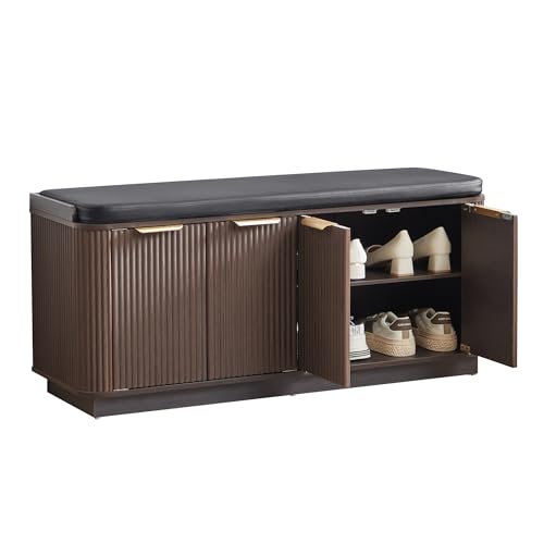 Fluted 2-Tier Entryway Shoe Bench with Doors and Adjustable Shelf, 43.3'' Wide Shoe Storage Bench with Cushion Seat for Entrance, Hallway, Living Room, End of Bed - Espresso - size: Door-espresso