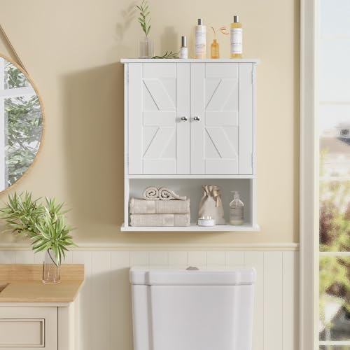 TEENFON Bathroom Wall Cabinet, Over The Toilet Space Saver Storage with Barn Doors & Adjustable Shelf, Hanging Medicine Cabinet, White 7.1" D x 15.4" W x 19.3" H - color: White