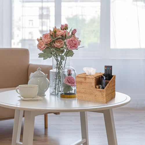 Sumnacon Tissue Box Square Tissue Box Cover with Storage Rattan Tissue Box Holder with 2 Side Organizer,Wicker Tissue Cover Cube Tissue Holder for Bathroom Living Room Table Desk Office - color: Natural