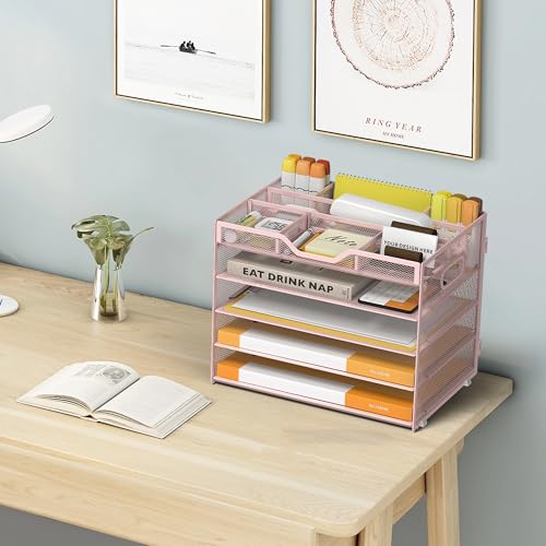 5 Tier Paper Letter Tray with 3 Drop-in Pen Holders, Mesh Desk File Organizer with Handle, Desk Organizers and Accessories for School,Home, Office Supplies Storage-Pink - color: 5 Tier-Pink, size: 12.5" x 9.1" x 10.3"