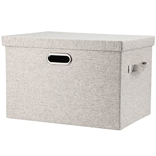 Graciadeco Large 17 36 Quart Collapsible Stackable Storage Bins with Lids, 1 Pack Beige Foldable Fabric Closet Storage Boxes with Lids, 4 Handles Toy Heavyduty Dark Gray Linen Storage Cube Box - color: Beige, size: Large -1 Pack