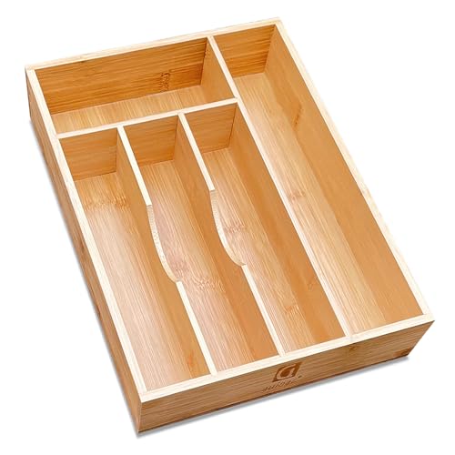 guiogc Bamboo Silverware Drawer Organizer, Silverware Organizer, Silverware Utensil Tray Holder and Cutlery Tray for Flatware and Kitchen Utensils - size: 9.85"Wx13.65"D (5-Slots)