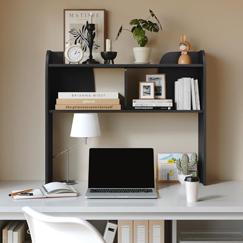 Wooden 3-Tier Desktop Bookshelf, 37" Rounded-Edge Desk Storage Organizer, Space-Saving Countertop Shelving Unit for Home, Office & Dorm, Black - color: Full Black