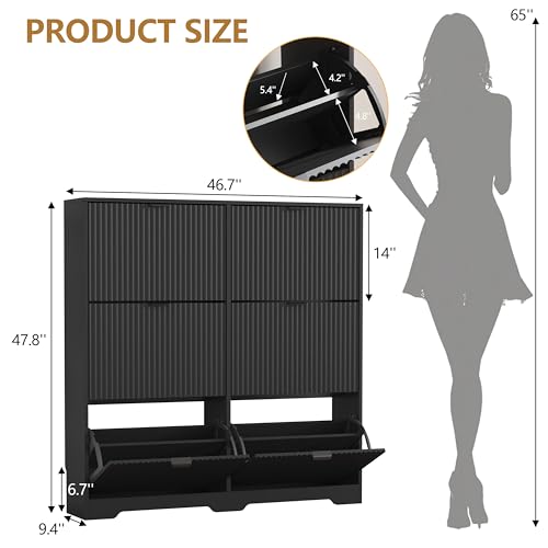 HUANLEGO Shoe Cabinet Storage for Entryway with 6 Flip Drawers, Black Fluted Shoe Cabinet with Adjustable Shelves, Wooden Hidden Shoe Rack Freestanding Narrow Slim Shoes Storage for Hallway, Entrance - color: Black, size: 6 Drawer