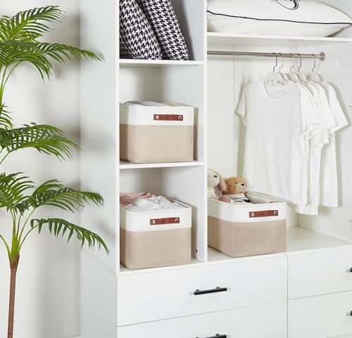 DECOMOMO Storage Bins, Large Fabric Storage Baskets for Shelves, Decorative Linen Closet Organizer, 15 x 11 x 9.5 inches (Beige & White, 3 Pack) - color: Beige and White, size: Large/3P