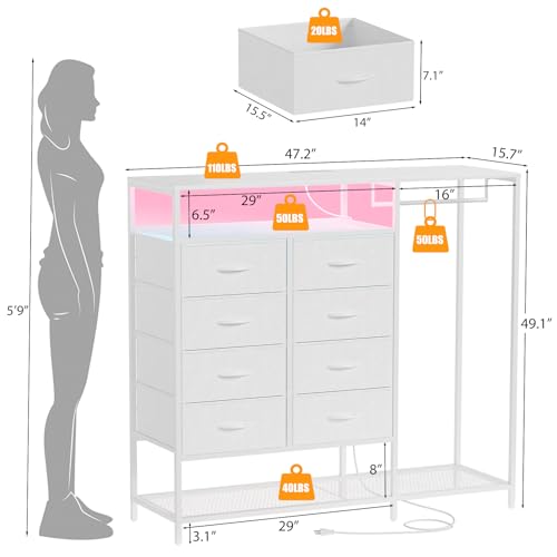 White Dresser for Bedroom with 8 Drawers, Bedroom Dressers with Hanging Rack, Clothes Storage Cabinet with Led Lights & Charging Station, 47 Inch Chest of Drawers with Shelves for Bedroom, Closet - color: White, size: 11.8"D x 39.4"W x 31.5"H (8 Drawers)