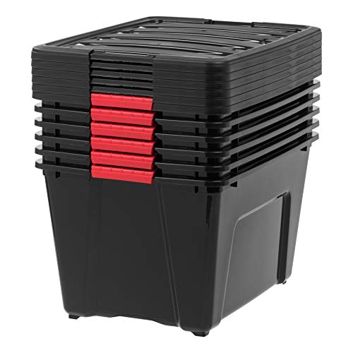 IRIS USA 54 QT Plastic Storage Box with Lid and Latches - 6 Pack - BPA-Free, Garage Organizing Solution, Durable Nestable Stackable Containers, Secure Pull Handle - Black - size: 54 Qt, style: 6 Pack