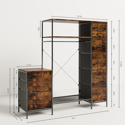 Garment Rack with Drawers, Freestanding Closet Organizer with Shelves, 55W*57.08H Heavy Duty Clothes Rack with Hanging Rod, Clothing Wardrobe Closet for Bedroom, Living Room, Entryway, Laundry Room - color: Coffee