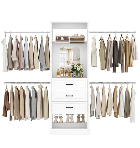 Unikito Closet System, 4FT - 9FT Closet Organizer with Mirror, Luxury Walk in Closet Insert with Drawers and 4 Hanging Rods, Sturdy Wood Wardrobe Closet Garment Rack with 25” Tower, White - color: White