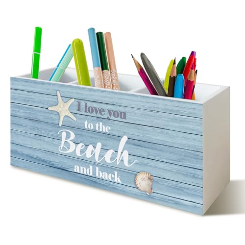 Beach Pen Holder for Home Office Kitchen Desk Decor, I Love You to the Beach and Back Wooden Pencil Holder Sign Organizer for Home Office Desk Accessories, Coastal Gifts for Women Men - color: blue and white