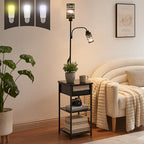 BAMGROW Floor Lamp with End Table, Side Table with Lamp Attached, Bedside Nightstand Light for Small Spaces with Wicker Drawer and Storage Shelf for Living Room, Bedroom, Guest Room, 2 Bulbs Included