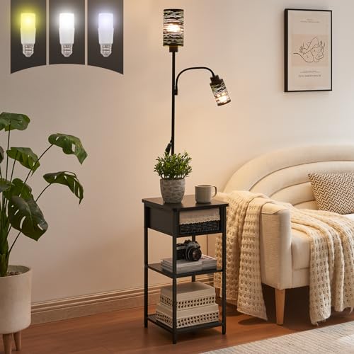 BAMGROW Floor Lamp with End Table, Side Table with Lamp Attached, Bedside Nightstand Light for Small Spaces with Wicker Drawer and Storage Shelf for Living Room, Bedroom, Guest Room, 2 Bulbs Included