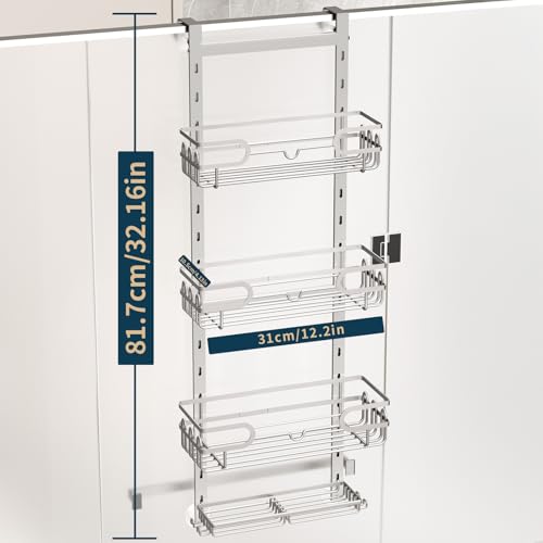 Consumest Over The Door Shower Caddy - 4 Tier Adjustable Hanging Shower Organizer Shelf with 2 Soap Holders & 22 Hooks, Rustproof Easy Installation Hanging Storage Rack for Bathroom, Silver - color: Silver, size: 4-tier