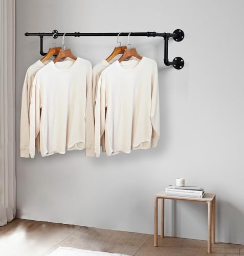 Homeyeeng Clothes Rack, Industrial Wall Pipe Clothing Rack for Hanging Clothes, Wall Mounted Heavy Duty Space Saving Garment Rack, Multi-Purpose Clothing Hanging Rods for Closet Storage, Black, 2Pcs
