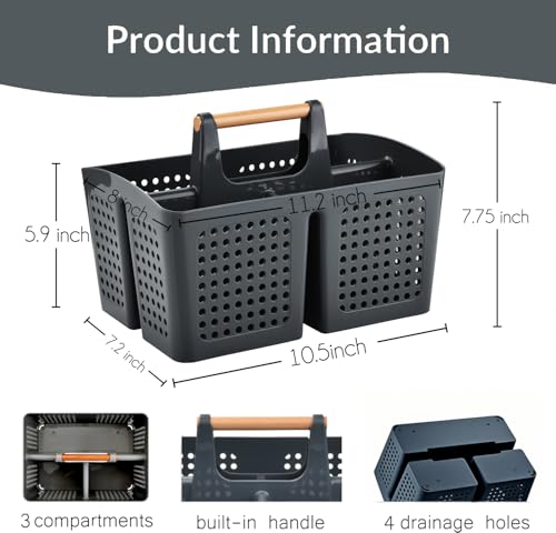 Portable Shower Caddy Basket with Compartments, Plastic Divided Cleaning Caddy Organizer Storage Tote with Handle for Bathroom, College, Dorm Room Essentials, Dark Gray - color: Dark Gray