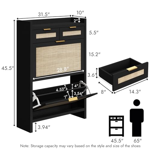HOKYHOKY Rattan Shoe Storage Cabinet with 2 Drawers & 2 Flip Drawers – Hidden Slim Shoe Organizer for Entryway, Large Tabletop Space, Farmhouse Boho Narrow Shoe Rack, Rustic Black - color: Rustic Black, size: 2 Flips
