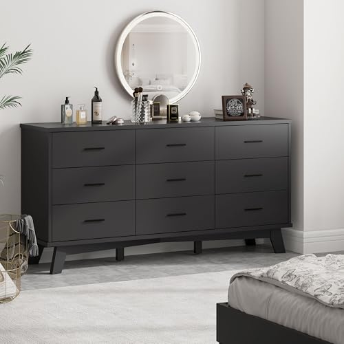 Xixini Dresser for Bedroom, Wide Wood 9 Drawer Modern Chest of Drawers with X-Shaped Sturdy Base, Double Dresser Closet Clothes Storage Organizer, Wooden TV Stand for Living Room, Hallway, Black - color: Black, size: 15.6"D x 59.1"W x 29.5"H (9 Drawers)