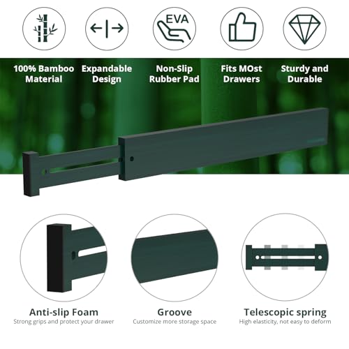 ANTOWIN Expandable Bamboo Drawer Dividers Organizers, Drawer Separators Splitter,17-22 inches Long Adjustable Spring-loaded Organizer for Large Utensil, Clothes, Tools(Dark Green) - color: Dark Green