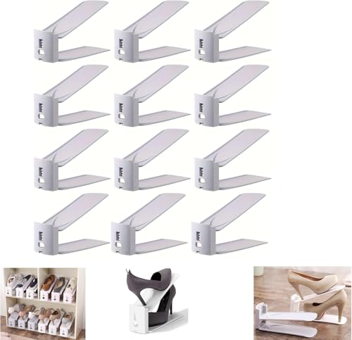Pack Of 12 Pcs Shoe Slots Organiser Storage, Double Layer Adjustable 3-Level Height - Non-Slip Shoe Holder- Space Saver For Shoe Stacker Closet Rack For Women And Men (White, 12 pack) - color: White