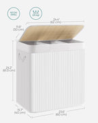 SONGMICS Laundry Hamper, 39.6 Gallons (150L), 3-Section Laundry Basket, Laundry Hamper with Lid, Bamboo, Foldable, Removable and Machine Washable Liner, for Laundry Room, Bedroom, White ULCB091W01