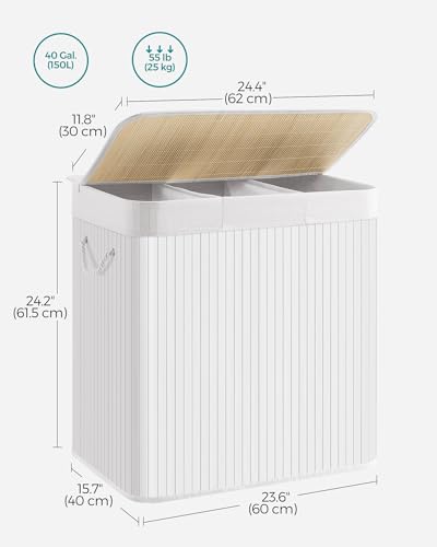 SONGMICS Laundry Hamper, 39.6 Gallons (150L), 3-Section Laundry Basket, Laundry Hamper with Lid, Bamboo, Foldable, Removable and Machine Washable Liner, for Laundry Room, Bedroom, White ULCB091W01