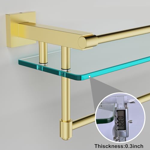 Bathroom Glass Shelf with Towel Rack Organizer Wall-Mounted Bathroom Storage SUS304 Stainless Steel Track Wall-Mounted Tempered Glass Stainless Steel Shelf (Brushed Gold, 20-inch) - color: Brushed Gold, size: 20-inch with Railing