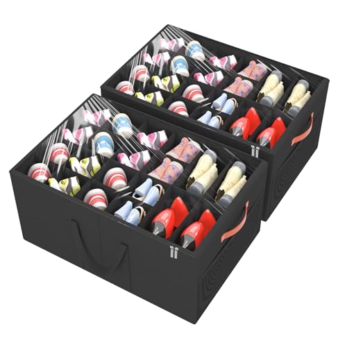 Aokeyee 2 Pack Shoe Organizer for Closet, Large Shoe Storage Box Fits up to 48 Pairs, Space Saving Foldable Shoes Organizer Bin w/Clear Cover and 4 Reinforced Handles, Black - color: Black, size: Fits up to 48 Pairs