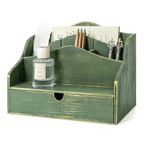 Pine Wood Mail Organizer for Desk - Rustic Style Mail Sorter Countertop Organizer for Files, Letters & Small Items - Farmhouse Letter Holder with Drawer for Office Desk & Home Decor (Green) - color: A-Green