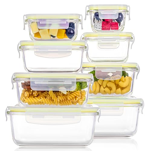 Vtopmart 8 Pack Glass Food Storage Containers with Airtight Lids, Glass Meal Prep Containers, Lunch Office Meal for Microwave, Oven, Freezer and Dishwasher, BPA Free - color: Yellow