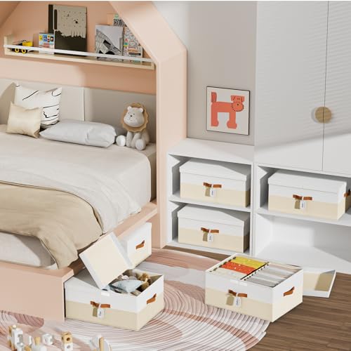Homsorout Extra Large Storage Bins - 3 Pack Closet Storage Boxes with Double-Open Lid & Divider Board, Stackable Colthes Storage Organizer, Fabric Basket with Label Tag for Home, Laundry - color: white with beige, size: 3 Pack