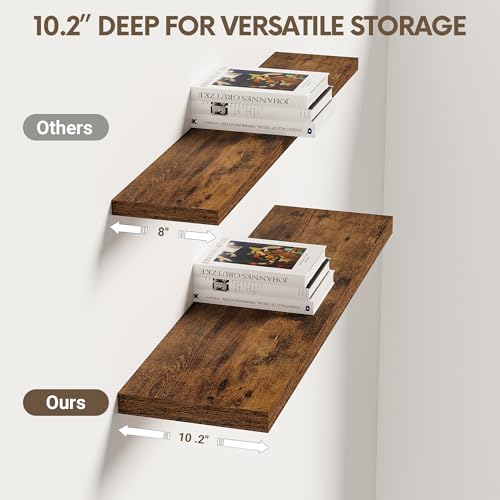 Vivelove 10 Inch Deep Floating Shelves 30 inch Long, 30 x 10 Wide Wall Shelves with Invisible Brackets, for Bedroom Bathroom Living Room Kitchen Office, Farmhouse Home Decor, Set of 2, Rustic Brown - color: Rustic Brown, size: 30”Wx10.2”Dx1.5”H