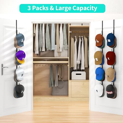 HapiRm Over Door Hat Rack - 3 Packs Hat Organizer with 12 Hooks Design, Hanging Baseball Cap Organizer Storage Holds Up to 60 Caps for Door, Bedroom, Closet (Black) - color: Black, size: 3 Pack