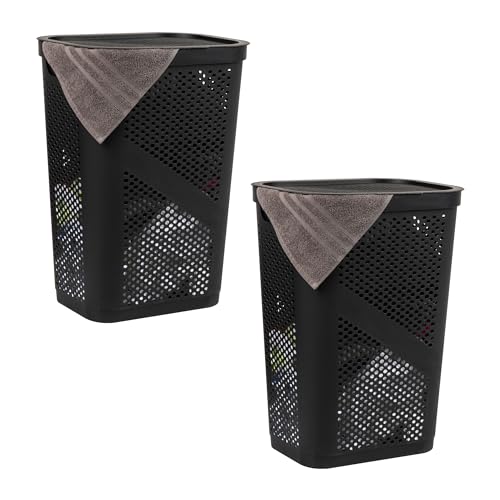 Mind Reader 60L Slim Laundry Hamper, Clothes Basket, Lid, Ventilated, Plastic, Set of 2, Black - color: Black, size: 2-Pack