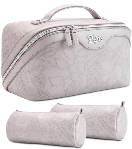 BOYATU Travel Makeup Bags Cosmetic Organizer Bag: 3-Set Large Capacity Make up Bag - PU Leather Toiletry Bags for Women - Wide Open Portable Pouch with Divider & Handle (15-Light Grey-2) - color: 15-Light Grey-2
