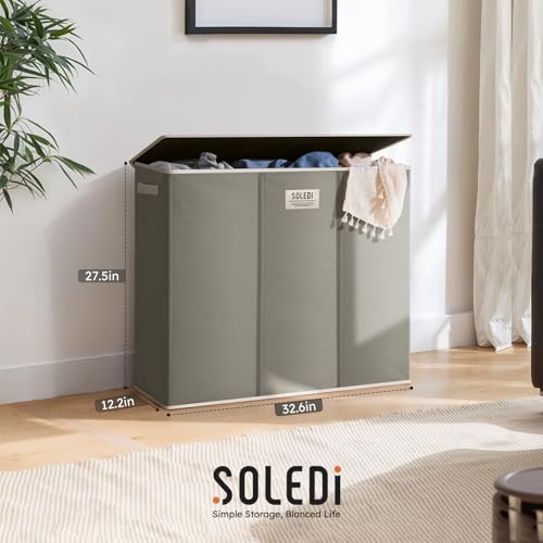 SOLEDI 180L 3-Section Laundry Hamper with Lid, Extra Large Dirty Clothes Basket with Sturdy Handles for Laundry Room & Bedroom - Durable Organizer for Sorting Laundry - color: Concrete Gray, size: 180L