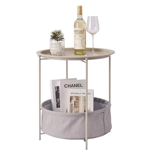 VECELO Round Side/End Table with Fabric Storage Basket，Metal Anti-Rust and Waterproof Small Bedside Nightstand with Removable Tray Top for Living Room，Balcony & Laundry，Grey /1pcs with Basket - color: Grey, size: 1 PCS with Basket