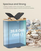 SONGMICS Laundry Hamper with Lids, Laundry Basket with 2 Compartments, 39 Gal. (150 L), Removable Liner Bag, for Laundry Room, Bedroom, Living Room, Ink Black and Light Bamboo ULCB523B01 - color: Ink Black, size: 150L (2-Section with Double Lid)