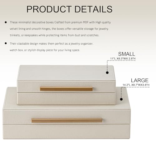 Set of 2 Beige Shagreen Decorative Storage Boxes with Gold Metal Handles – Faux Leather Jewelry & Memory Boxes, Nesting Photo Organizers for Home Decor - color: Beige+Gold Handles