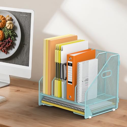 Docnest Desk File Holder Sorter, 4 Vertical Compartments Rack with Letter Tray, Mesh Magazine File Holder with Handle,Workspace Organizers,Desk Organizers for Paper, Mail, Documents-Blue - color: Blue-4 Compartments