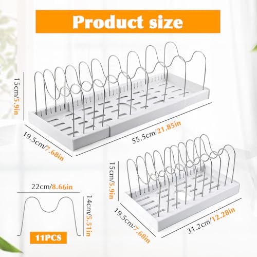 Pots and Pans Organizer for Cabinet, Expandable Pot Rack with 11 Adjustable Dividers, Pan Pots Organizer for Cookie Sheets, Cutting Boards, Pot Lids, Cookware(COLOR:White)